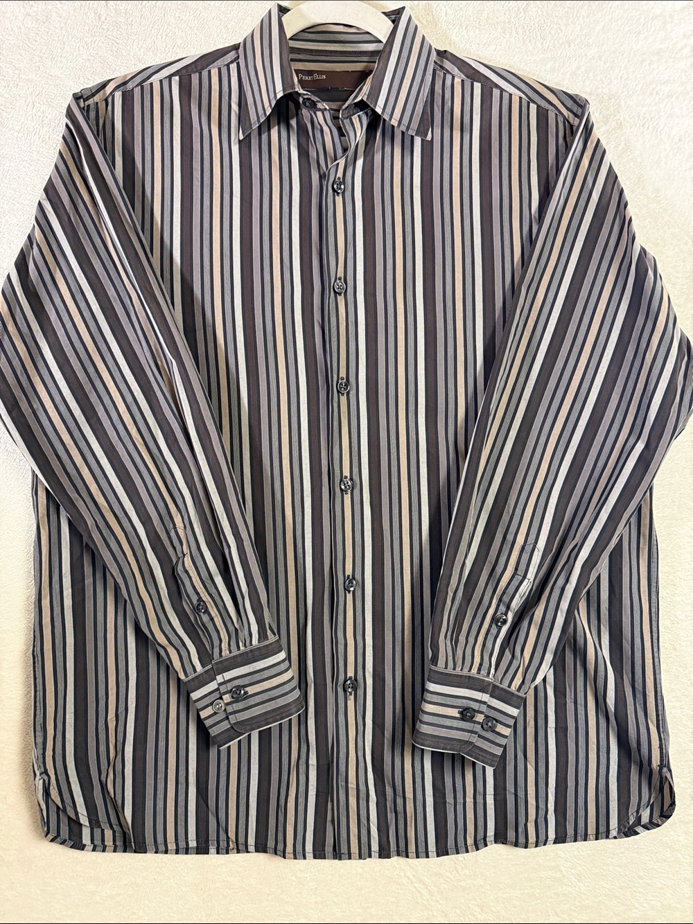 Perry Ellis Vertical Stripe Dress Shirt in Brown, Gray & Cream - Medium